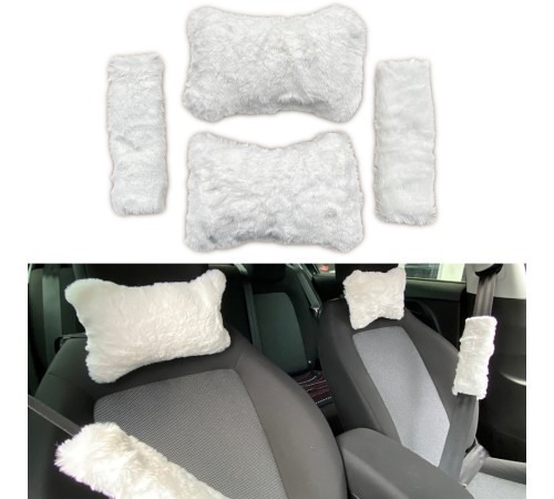 Peluş Ortopedik Araba Seyahat Boyun Yastığı Emniyet Kemer Pedi Seti Beyaz