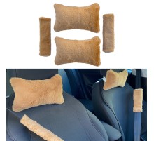 Peluş Ortopedik Araba Seyahat Boyun Yastığı Emniyet Kemer Pedi Seti Kahverengi