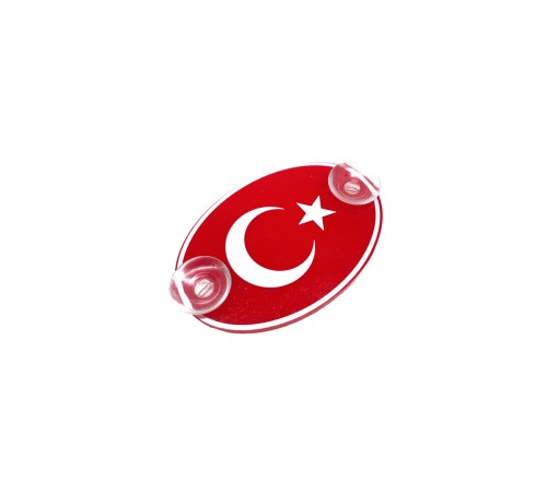 Türkiye Bayraklı Kırmızı Oval Vantuzlu Pleksi Cam Süsü Beyaz 13x8cm
