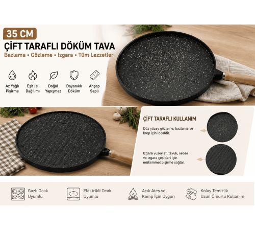 35 cm Döküm Gözleme Tavası Çift Taraflı Bazlama Izgara Tavası Ahşap Saplı Yapışmaz