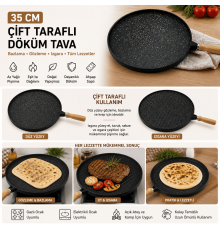 35 cm Döküm Gözleme Tavası Çift Taraflı Bazlama Izgara Tavası Ahşap Saplı Yapışmaz