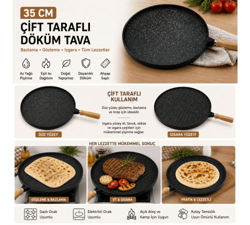 35 cm Döküm Gözleme Tavası Çift Taraflı Bazlama Izgara Tavası Ahşap Saplı Yapışmaz