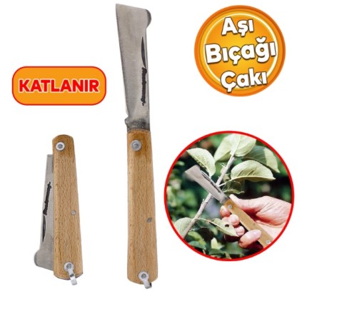Aşı Bıçağı Profesyonel Çelik Tepeli Uçlu Bağ Ağaç Budama Aşı Çakısı 170 mm Ahşap Saplı Bıçak Çakı