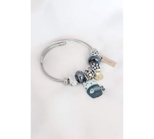 Mavi Kedi Figür Yıldız Detay Gümüş Renk Charm Çelik Kadın Bileklik - TJ-BB4483 Mavi Kedi Figür Yıldız Detay Gümüş Renk Charm Çelik Kadın Bileklik - TJ-BB4483