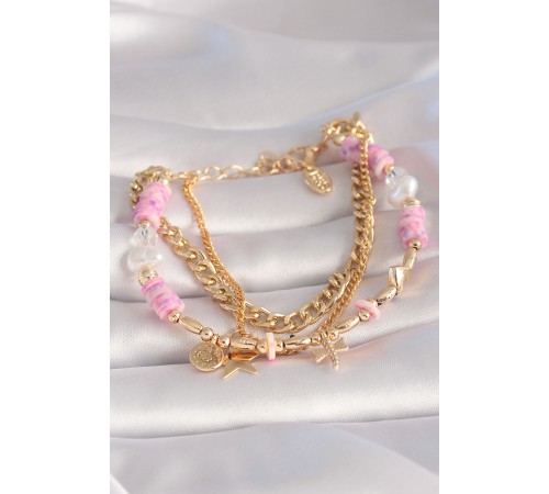 Pirinç Gold Renk Pembe Boncuklu Yıldız Figür Çoklu Kadın Bileklik - TJ-BB5996 Pirinç Gold Renk Pembe Boncuklu Yıldız Figür Çoklu Kadın Bileklik - TJ-BB5996