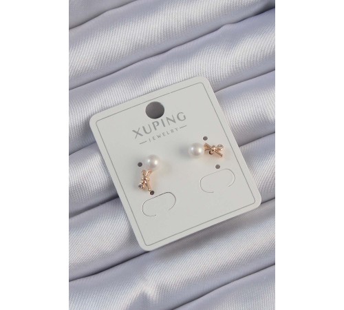 Xuping Rose Renk Zirkon Taşlı İncili Minimal Fiyonk Küpe - TJ-BKP9402 Xuping Rose Renk Zirkon Taşlı İncili Minimal Fiyonk Küpe - TJ-BKP9402