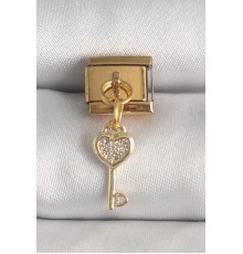 316L Çelik Gold Renk Sallantı Zirkon Taşlı Kalpli Anahtar Model Nomination Charm - TJ-BC1371