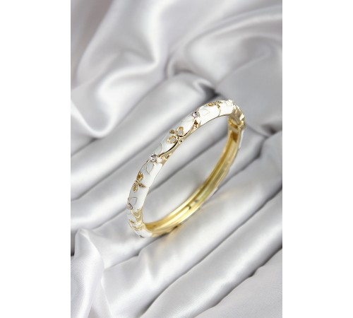 Mineli Pirinç Beyaz Çiçek Desenli Zirkon Taşlı Gold Renk Kadın Kelepçe (çap 60 mm) - TJ-BB6988 Mineli Pirinç Beyaz Çiçek Desenli Zirkon Taşlı Gold Renk Kadın Kelepçe (çap 60 mm) - TJ-BB6988