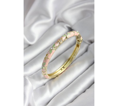Mineli Pirinç Pembe Çiçek Desenli Zirkon Taşlı Gold Renk Kadın Kelepçe - TJ-BB6989 Mineli Pirinç Pembe Çiçek Desenli Zirkon Taşlı Gold Renk Kadın Kelepçe - TJ-BB6989