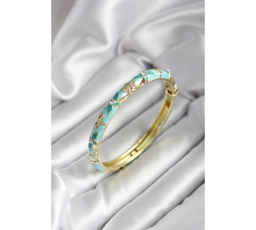 Mineli Pirinç Turkuaz Çiçek Desenli Zirkon Taşlı Gold Renk Kadın Kelepçe (çap 60 mm) - TJ-BB6990 Mineli Pirinç Turkuaz Çiçek Desenli Zirkon Taşlı Gold Renk Kadın Kelepçe (çap 60 mm) - TJ-BB6990