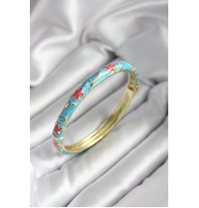 Mineli Pirinç Mavi Çiçek Desenli Gold Renk Kadın Kelepçe (çap 60 mm) - TJ-BB6995