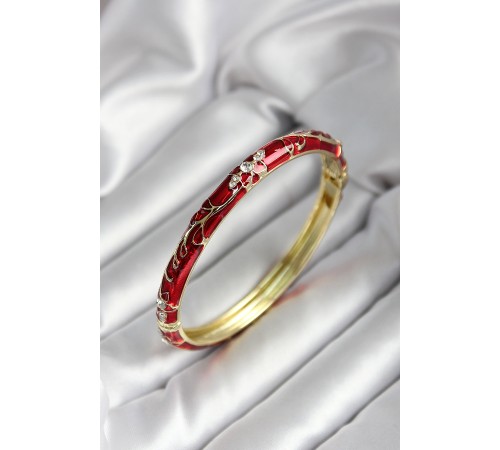 Mineli Pirinç Kırmızı Çiçek Desenli Zirkon Taşlı Gold Renk Kadın Kelepçe - TJ-BB7007 Mineli Pirinç Kırmızı Çiçek Desenli Zirkon Taşlı Gold Renk Kadın Kelepçe - TJ-BB7007