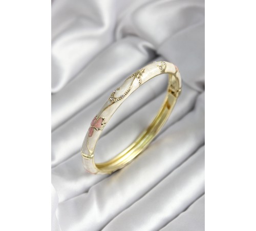 Mineli Pirinç Kırık Beyaz Çiçek Desenli Zirkon Taşlı Gold Renk Kadın Kelepçe - TJ-BB7008 Mineli Pirinç Kırık Beyaz Çiçek Desenli Zirkon Taşlı Gold Renk Kadın Kelepçe - TJ-BB7008