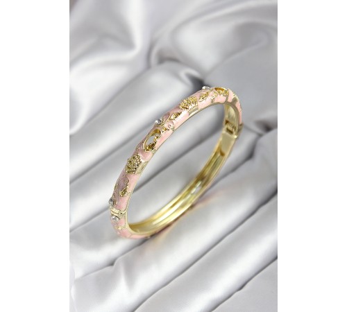Mineli Pirinç Açık Pembe Kraliçe Taç Desenli Zirkon Taşlı Gold Renk Kadın Kelepçe - TJ-BB7011 Mineli Pirinç Açık Pembe Kraliçe Taç Desenli Zirkon Taşlı Gold Renk Kadın Kelepçe - TJ-BB7011