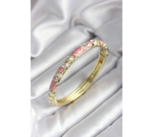 Mineli Pirinç Pembe Çiçek Desenli Zirkon Taşlı Gold Renk Kadın Kelepçe - TJ-BB7013 Mineli Pirinç Pembe Çiçek Desenli Zirkon Taşlı Gold Renk Kadın Kelepçe - TJ-BB7013