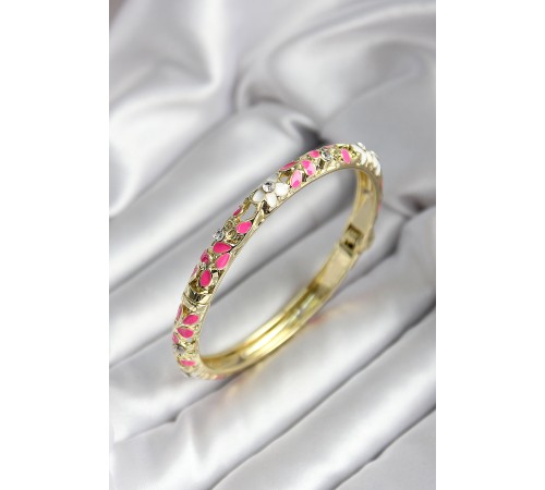 Mineli Pirinç Pembe Çiçek Desenli Gold Renk Kadın Kelepçe - TJ-BB7020 Mineli Pirinç Pembe Çiçek Desenli Gold Renk Kadın Kelepçe - TJ-BB7020