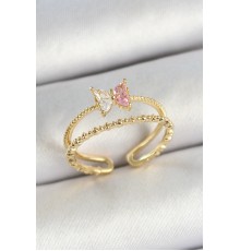 Pirinç Kelebek Figürlü Zirkon Taşlı Gold Renk Ayarlanabilir Kadın Yüzük - TJ-BYK3766