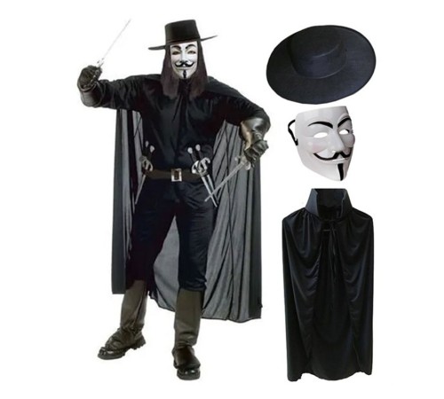 V For Vendetta Maskesi Şapkası ve Pelerin Kostüm Seti Yetişkin Boy V For Vendetta Maskesi Şapkası ve Pelerin Kostüm Seti Yetişkin Boy