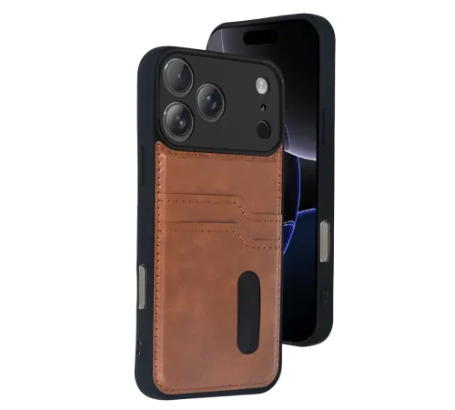 Apple iPhone 17 Pro Sara Kartvizitli Deri Kılıf - Taba