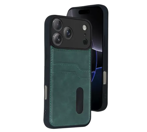 Apple iPhone 17 Pro Max Sara Kartvizitli Deri Kılıf - Yeşil