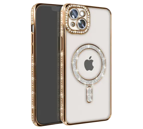 Apple iPhone 15 Kılıf Joke Simli Magneticsafe Kılıf - Gold