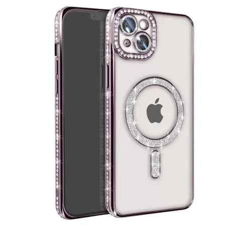Apple iPhone 15 Kılıf Joke Simli Magneticsafe Kılıf - Derin Mor