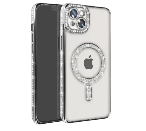 Apple iPhone 15 Kılıf Joke Simli Magneticsafe Kılıf - Gümüş