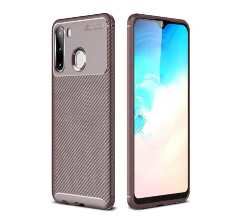 Samsung A21 Kılıf Auto Focus Karbon Kapak - Kahverengi