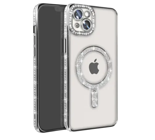 Apple iPhone 14 Kılıf Joke Simli Magneticsafe Kılıf - Gümüş
