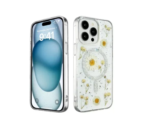Apple iPhone 15 Pro Max Kılıf Daisy Simli Magsafe Kapak - Gümüş
