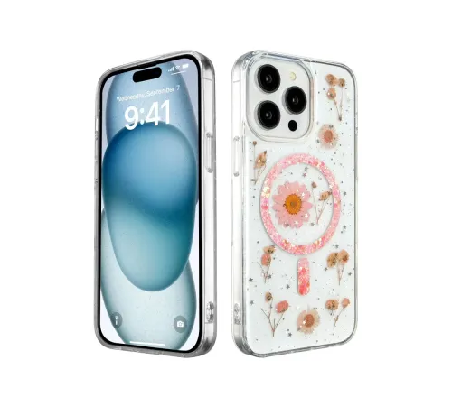 Apple iPhone 15 Pro Max Kılıf Daisy Simli Magsafe Kapak - Pembe