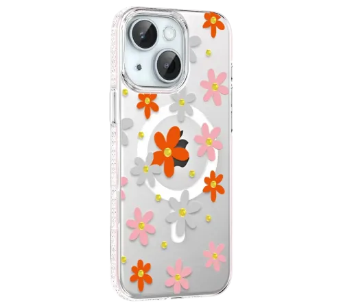 Apple iPhone 14 Floral Magsafe Kapak - Turuncu