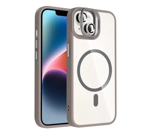 Apple iPhone 15 Plus Remim Lensli Magsafe Standlı Kapak - Titan Gri