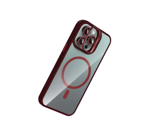 Apple iPhone 15 Pro Max Remim Lensli Magsafe Standlı Kapak - Bordo