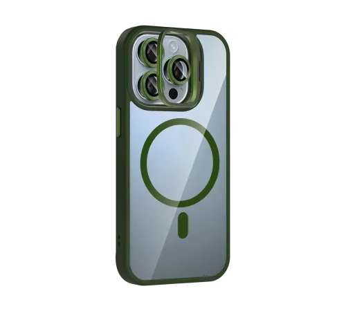 Apple iPhone 15 Pro Max Remim Lensli Magsafe Standlı Kapak - Koyu Yeşil