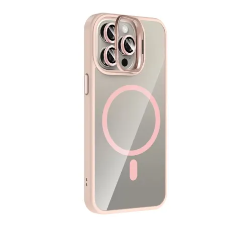 Apple iPhone 15 Pro Max Remim Lensli Magsafe Standlı Kapak - Pembe