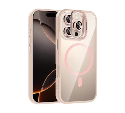 Apple iPhone 16 Pro Remim Lensli Magsafe Standlı Kapak - Pembe