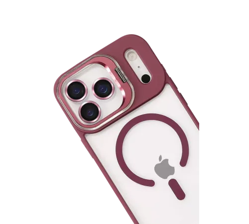Apple iPhone 17 Pro Remim Lensli Magsafe Standlı Kapak - Bordo
