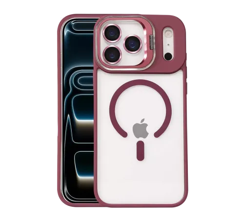 Apple iPhone 17 Pro Remim Lensli Magsafe Standlı Kapak - Bordo