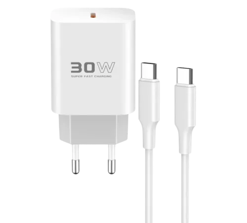 C87C 30W Type-C Çıkışlı Ekstra DL51 1M Type-C to Type-C Kablolu PD Şarj Cihazı - Beyaz