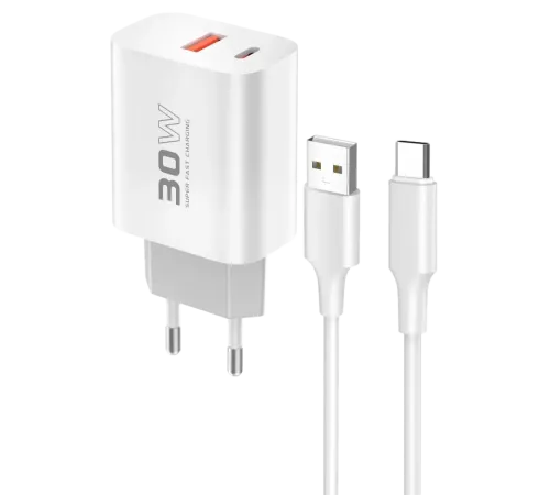 C89Q 1 Adet 30W Type-C ve 1 Adet 22.5W USB Çıkışlı Ekstra DL49 1M USB to Type-C Kablolu PD Şarj Cihazı - Beyaz