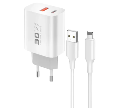 C89Q 1 Adet 30W Type-C ve 1 Adet 22.5W USB Çıkışlı Ekstra DL48 1M USB to Lightning Kablolu PD Şarj Cihazı - Beyaz