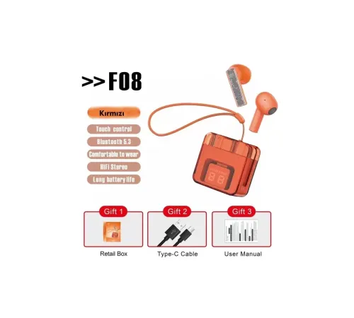 F08 Dijital Şarj Göstergeli TWS Bluetooth Kulaklık - Kırmızı