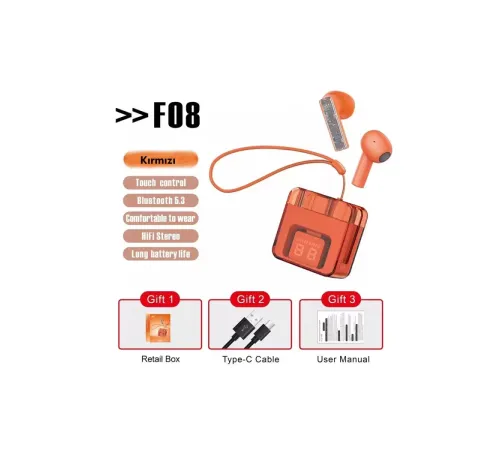 F08 Dijital Şarj Göstergeli TWS Bluetooth Kulaklık - Kırmızı