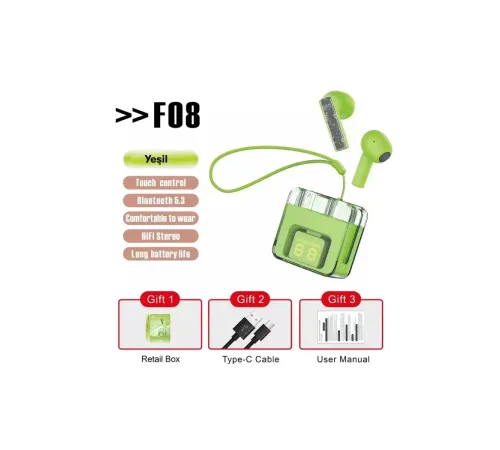 F08 Dijital Şarj Göstergeli TWS Bluetooth Kulaklık - Yeşil