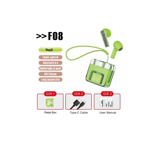 F08 Dijital Şarj Göstergeli TWS Bluetooth Kulaklık - Yeşil