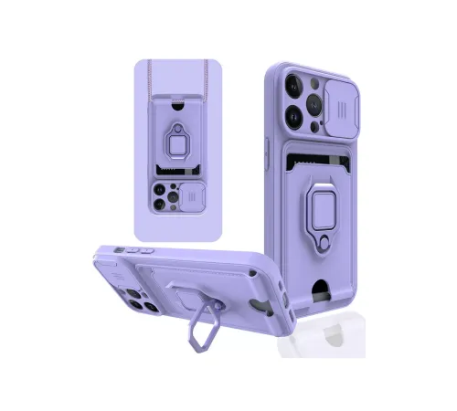 Apple iPhone 14 Pro Kılıf Zuma Kartvizitli Yüzüklü Silikon - Lila