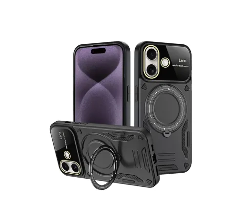 Apple iPhone 16 Kılıf Joy Lens Standlı Kapak - Siyah