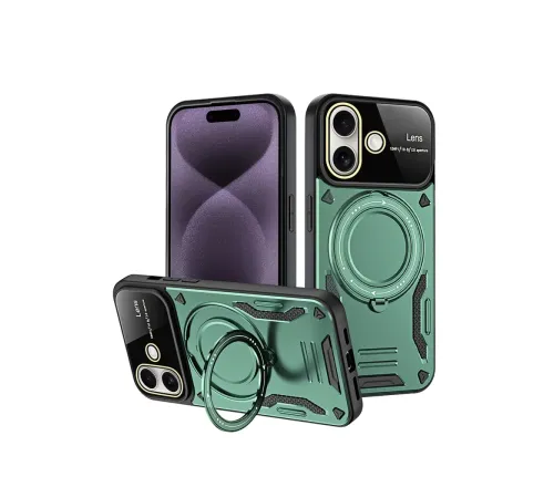 Apple iPhone 16 Kılıf Joy Lens Standlı Kapak - Koyu Yeşil
