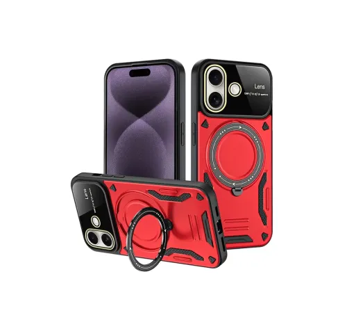 Apple iPhone 16 Kılıf Joy Lens Standlı Kapak - Kırmızı